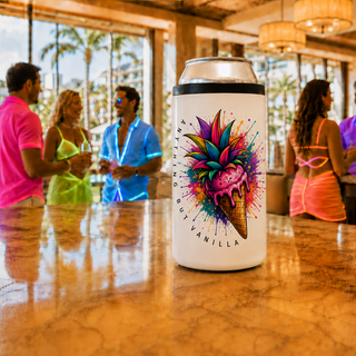 Ice cream rainbow colored pineapple top 4 in 1 can cooler with wording Anything but Vanilla