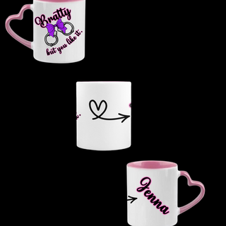 Three mugs with different designs and text on a black background