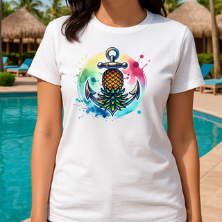 A person wearing a white crew neck t-shirt with a colorful graphic design of an anchor with an upside-down pineapple inside it, and a rainbow splash background.