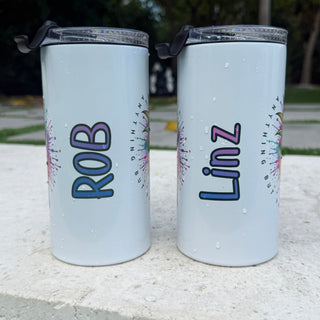 Two white tumblers with personalized names 'Rob' and 'Linz' on a ledge.