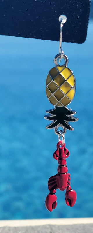 Lobster Upside Pineapple Earrings, Lobster Charm, Cruise Earrings, Beach Party Earrings, Lifestyle Earrings, Pineapple Earrings