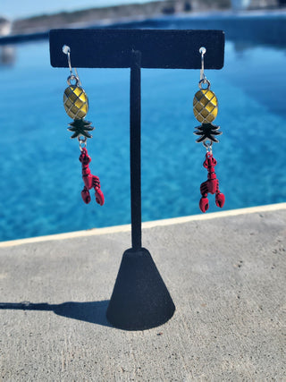 Lobster Upside Pineapple Earrings, Lobster Charm, Cruise Earrings, Beach Party Earrings, Lifestyle Earrings, Pineapple Earrings