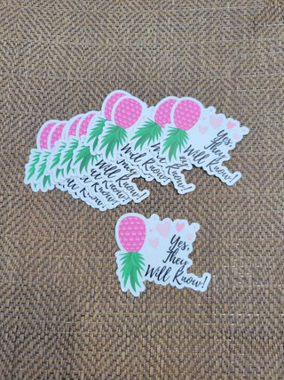 Yes, They Will Know sticker for the Swinger lifestyle. A pink upside down pineapple with hearts sticker for tumblers, Durable and Thick