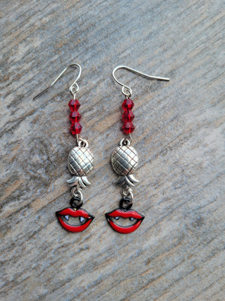 Vampire Lips with an Upside Down Pineapple Earrings, Vampire Swinger Earrings, Upside-Down Pineapple Earrings, Halloween Party Jewelry