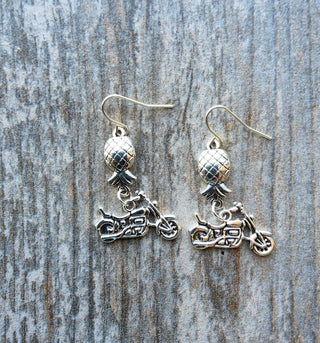 Swinger Motorcycle Charm with Upside Down Pineapple Earrings, Motorcycle Earrings, Motorcycle Jewelry, Biker Earrings, Alternative