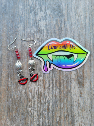 Set of Vampire Lips with an Upside Down Pineapple Earring and 2 Cum with Us stickers, Earring gift set, Swinger lifestyle Earrings