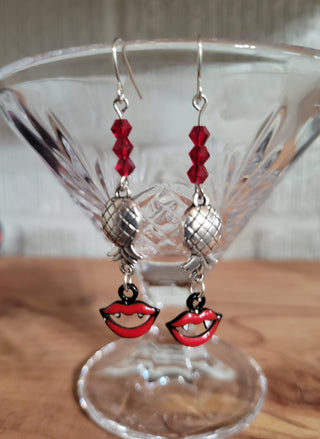 Vampire Lips with an Upside Down Pineapple Earrings, Vampire Swinger Earrings, Upside-Down Pineapple Earrings, Halloween Party Jewelry