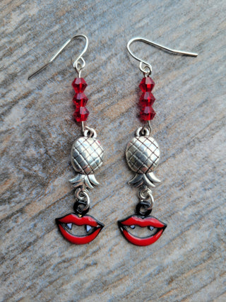 Vampire Lips with an Upside Down Pineapple Earrings, Vampire Swinger Earrings, Upside-Down Pineapple Earrings, Halloween Party Jewelry