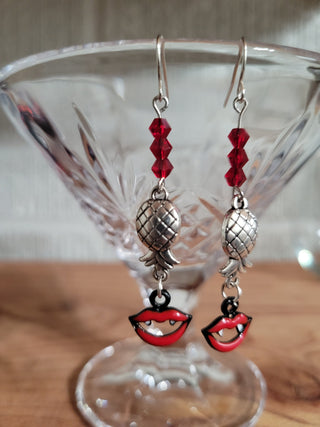 Vampire Lips with an Upside Down Pineapple Earrings, Vampire Swinger Earrings, Upside-Down Pineapple Earrings, Halloween Party Jewelry
