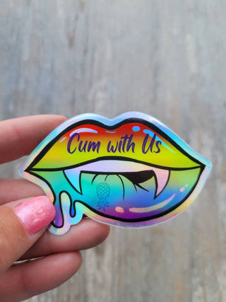 Cum with US Sticker, Holographic Sticker, Upside Down Pineapple Decor, Vampire Sticker, BDSM Gift, Biting Sticker / Lip Sticker