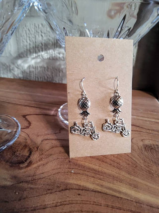 Swinger Motorcycle Charm with Upside Down Pineapple Earrings, Motorcycle Earrings, Motorcycle Jewelry, Biker Earrings, Alternative