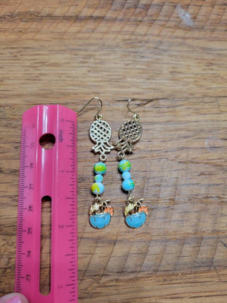 Upside Down Pineapple Earrings with Tropical Beads and Tropical Drink Charm, Swinger Jewelry, Cruise Earrings, Jewelry Bag Included