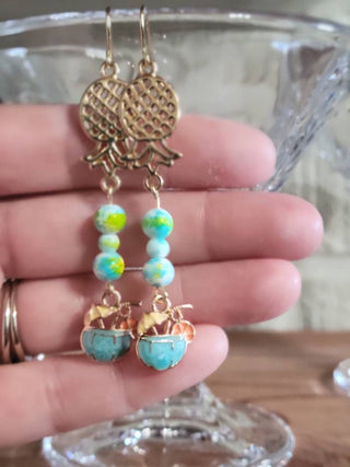 Upside Down Pineapple Earrings with Tropical Beads and Tropical Drink Charm, Swinger Jewelry, Cruise Earrings, Jewelry Bag Included