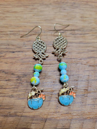 Upside Down Pineapple Earrings with Tropical Beads and Tropical Drink Charm, Swinger Jewelry, Cruise Earrings, Jewelry Bag Included