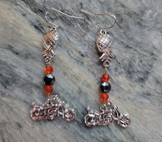 Swinger Motorcycle Charm with Upside Down Pineapple Earrings, Motorcycle Earrings, Motorcycle Jewelry, Biker Earrings, Alternative
