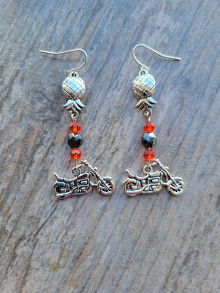 Swinger Motorcycle Charm with Upside Down Pineapple Earrings, Motorcycle Earrings, Motorcycle Jewelry, Biker Earrings, Alternative