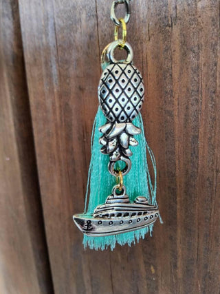 Cruise Keychain, Cruise Zipper Charm, Tassel Keychain, Upside Down Pineapple Keychain with a Cruise Ship Charm and Tassel, Swinger Cruise
