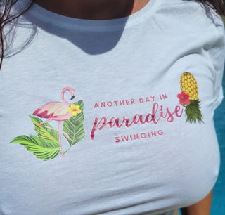 Women's Crop Top, Another Day in Paradise Swinging with an Upside Down Pineapple and a Flamingo, Swinger T-shirt, Size Medium, Wet Tshirt