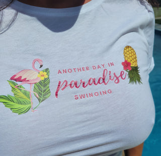 Women's Crop Top, Another Day in Paradise Swinging with an Upside Down Pineapple and a Flamingo, Swinger T-shirt, Size Medium, Wet Tshirt