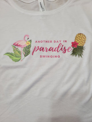 Women's Crop Top, Another Day in Paradise Swinging with an Upside Down Pineapple and a Flamingo, Swinger T-shirt, Size Medium, Wet Tshirt