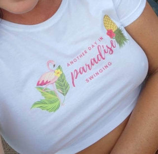 Women's Crop Top, Another Day in Paradise Swinging with an Upside Down Pineapple and a Flamingo, Swinger T-shirt, Size Medium, Wet Tshirt