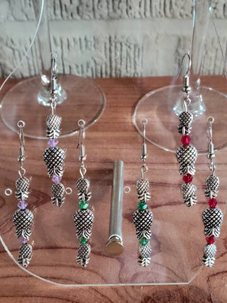 Tri Upside Down Pineapple Earrings, Threesome Earrings, Emerald Green, Ruby Red or Purple Lavender Gemstones, Antique Silver
