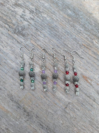 Tri Upside Down Pineapple Earrings, Threesome Earrings, Emerald Green, Ruby Red or Purple Lavender Gemstones, Antique Silver
