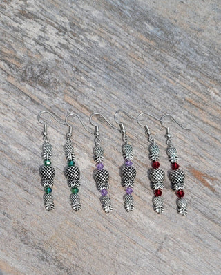 Tri Upside Down Pineapple Earrings, Threesome Earrings, Emerald Green, Ruby Red or Purple Lavender Gemstones, Antique Silver