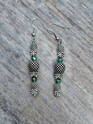 Tri Upside Down Pineapple Earrings, Threesome Earrings, Emerald Green, Ruby Red or Purple Lavender Gemstones, Antique Silver