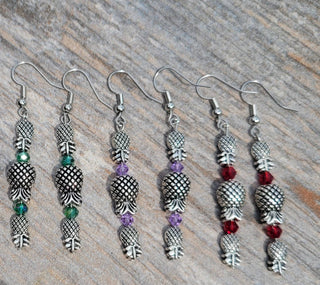 Tri Upside Down Pineapple Earrings, Threesome Earrings, Emerald Green, Ruby Red or Purple Lavender Gemstones, Antique Silver