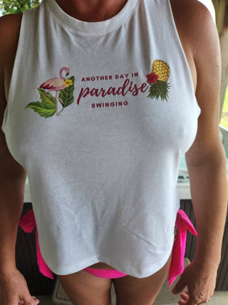 Women's Razor Back Top, Another Day in Paradise Swinging with an Upside Down Pineapple and Flamingo, Swinger shirt, Wet Tshirt