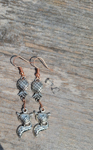Vixen Earrings, Upside Side Down Pineapples with a Fox Earrings, Rose Gold and Silver Mixed Metal earrings, Swinger Earrings, Jewelry Bag