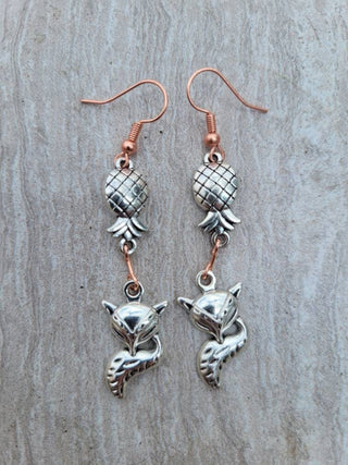 Vixen Earrings, Upside Side Down Pineapples with a Fox Earrings, Rose Gold and Silver Mixed Metal earrings, Swinger Earrings, Jewelry Bag