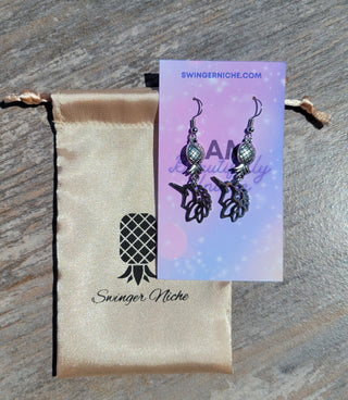 Unicorn and Upside Down Pineapple Earrings, Unicorn Birthday Gift, Swinger Pineapple Earrings, Alternative Lifestyle Earrings, Bag Included