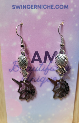 Unicorn and Upside Down Pineapple Earrings, Unicorn Birthday Gift, Swinger Pineapple Earrings, Alternative Lifestyle Earrings, Bag Included