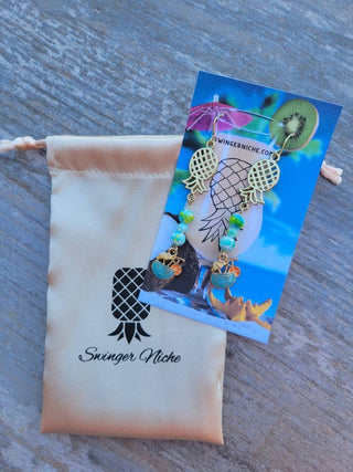 Upside Down Pineapple Earrings with Tropical Beads and Tropical Drink Charm, Swinger Jewelry, Cruise Earrings, Jewelry Bag Included