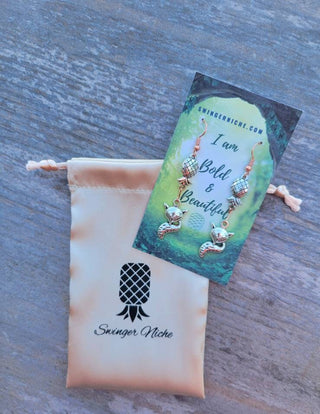 Vixen Earrings, Upside Side Down Pineapples with a Fox Earrings, Rose Gold and Silver Mixed Metal earrings, Swinger Earrings, Jewelry Bag