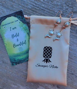 Vixen Earrings, Upside Side Down Pineapples with a Fox Earrings, Rose Gold and Silver Mixed Metal earrings, Swinger Earrings, Jewelry Bag