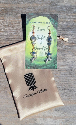 Vixen Earrings, Upside Side Down Pineapples with a Fox Earrings, Rose Gold and Silver Mixed Metal earrings, Swinger Earrings, Jewelry Bag