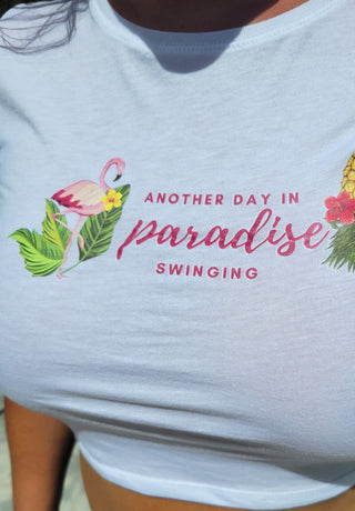 Women's Crop Top, Another Day in Paradise Swinging with an Upside Down Pineapple and a Flamingo, Swinger T-shirt, Size Medium, Wet Tshirt