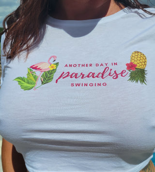 Women's Crop Top, Another Day in Paradise Swinging with an Upside Down Pineapple and a Flamingo, Swinger T-shirt, Size Medium, Wet Tshirt