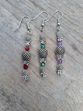 Tri Upside Down Pineapple Earrings, Threesome Earrings, Emerald Green, Ruby Red or Purple Lavender Gemstones, Antique Silver