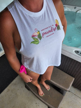 Women's Razor Back Top, Another Day in Paradise Swinging with an Upside Down Pineapple and Flamingo, Swinger shirt, Wet Tshirt