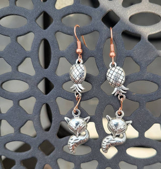 Vixen Earrings, Upside Side Down Pineapples with a Fox Earrings, Rose Gold and Silver Mixed Metal earrings, Swinger Earrings, Jewelry Bag