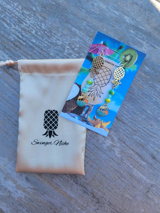 Upside Down Pineapple Earrings with Tropical Beads and Tropical Drink Charm, Swinger Jewelry, Cruise Earrings, Jewelry Bag Included