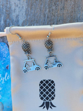 Upside down pineapple golf cart earrings in silver / Swinger earrings for golfers / Swinger earrings for the beach / Fun earrings