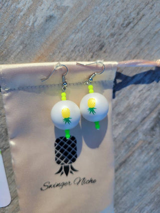 Upside Down Pineapple Earrings / Large Ball Earrings with bright green and yellow beads / Swinger Earrings / Tropical Earrings