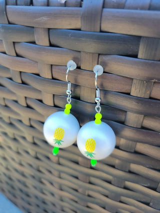 Upside Down Pineapple Earrings / Large Ball Earrings with bright green and yellow beads / Swinger Earrings / Tropical Earrings