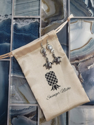 Upside Down Pineapple and Turtle Earrings / Silver Turtle / Swinger Pineapple earrings with a silver turtle / Lifestyle Earrings
