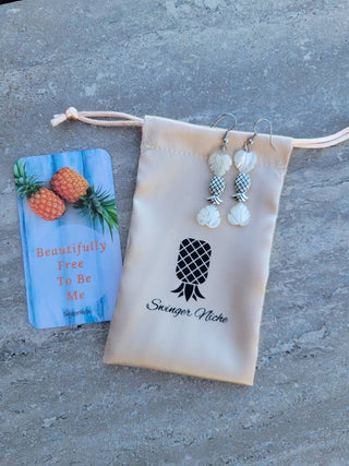 Upside Down Pineapple White Palm Leaves Earrings, Spinner Earrings, Tropical Pineapple Jewelry, Resort Vacation Earrings for the lifestyle